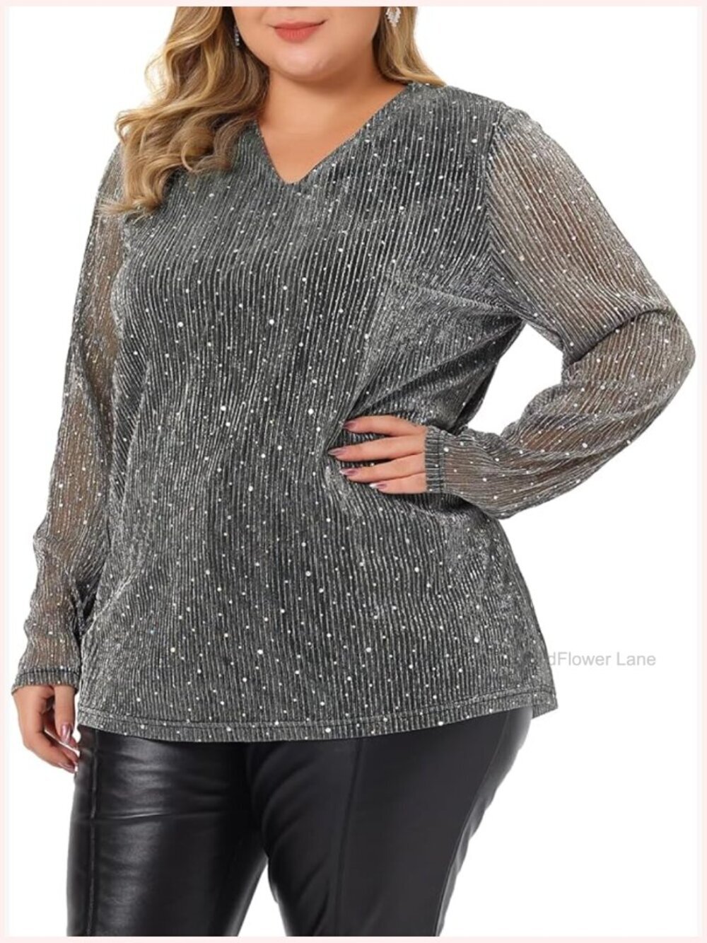 Plus Size Long Sleeve Glitter Party Blouse with V-Neck